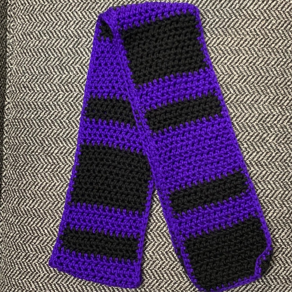 Unisex Purple & Black crochet color block scarf.